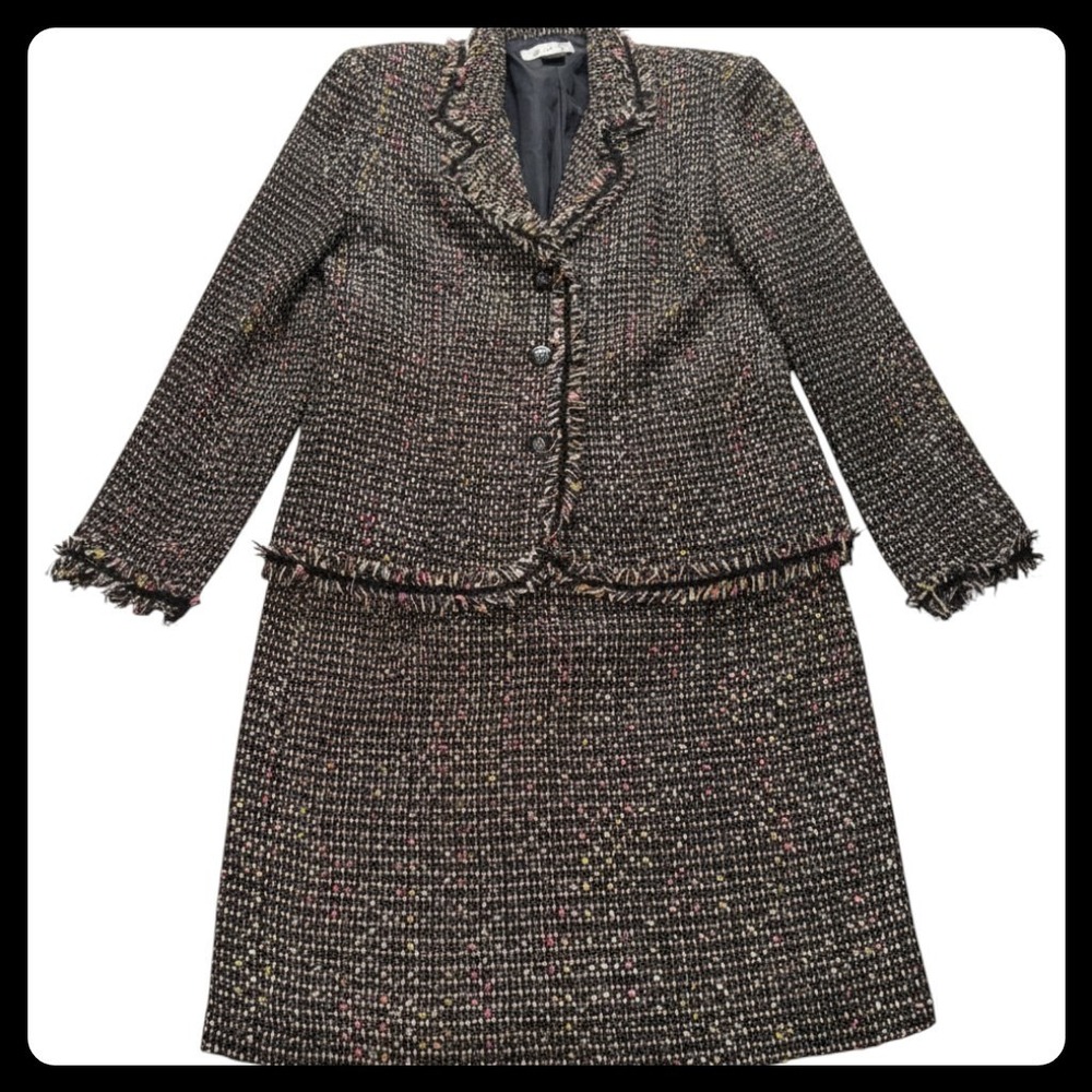 J.S.C. Skirt Suit Women 14 Black Multi Tweed Fringe Trim Blazer Set Professional
